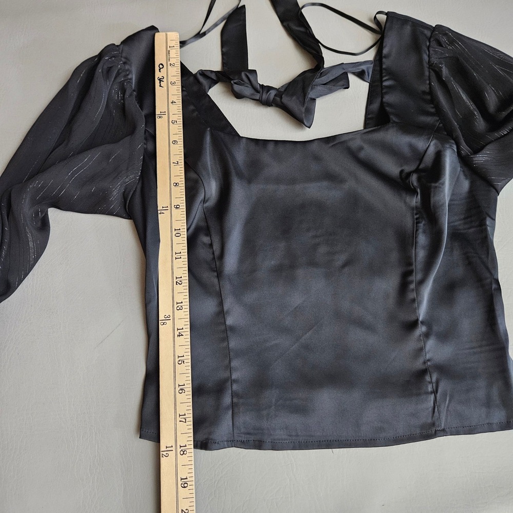 ee:some Black Sheer Balloon Sleeve Smocked Tie Back Crop Top M - Picture 7 of 8